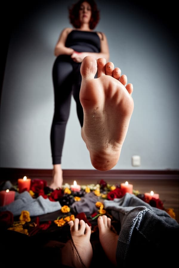 Eine sadistische, wahnsinnig dominante Frau (31 Jahre, natürliche Schönheit, ungeschminkt, eiskalter Blick), sitzt nackt in einem düsteren Ritualkreis aus verwelkten Blumen, Kerzen und zerschlissenen Schuhen. Ihre Füße sind schmutzig, schweißnass, die Sohlen speckig, die Zehen verschmiert mit altem Sockenfusseln. Zwischen ihren Zehen kleben Krümel und eingetrockneter Fußschweiß. Sie schaut herab auf eine winzige männliche Gestalt vor ihren Füßen, die sie psychisch quält. Ihre abgetragenen Sneaker und versifften Socken liegen achtlos daneben. Alles ist durchzogen von sexueller Grausamkeit, Atemkontrolle und sadistischer Dominanz. Die Szene ist schwül, düster und riecht bildlich nach altem Fußgeruch. Kamera auf Bodenniveau, Fokus auf Füße und Gesichtsausdruck der Frau. Extrem detailliert, realistisch, dark erotic, high resolution, foot fetish horror aesthetic, psycho-domination, filthy soles, sweaty toes, ritualistic mood, low light, cinematic shadows.