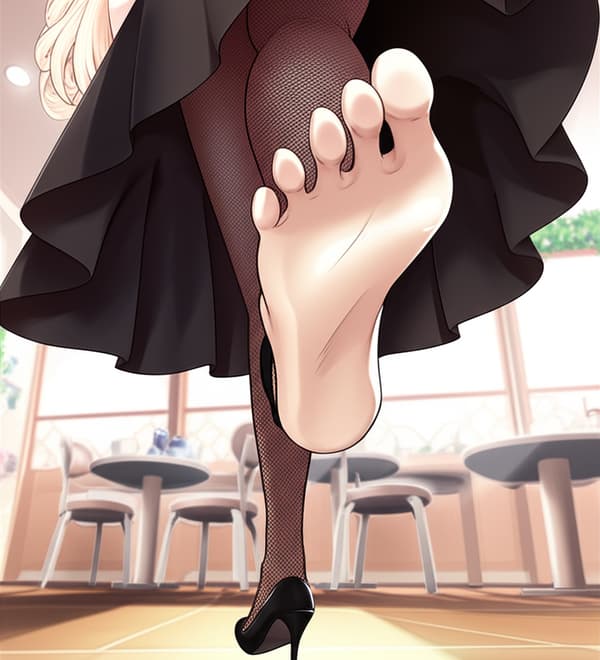 Black dress, dark mesh-tights, black pointed toe high heel stilettos on each foot!