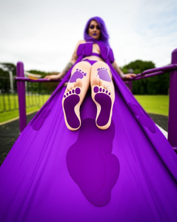 Purple haired woman, wearing a purple bikini top that is shaped like soles of feet, and a purple bikini bottom, that is shaped like soles of feet. Toenails painted purple. Long soles. She is sitting on a pull up bar. She has purple lipstick and purple eye shadowing. She has tattoos on her arms, hands, legs, and the top of her feet that consist of a purple foot sole. she is very tall, and wears a long purple cape that has an emblem of purple foot soles.