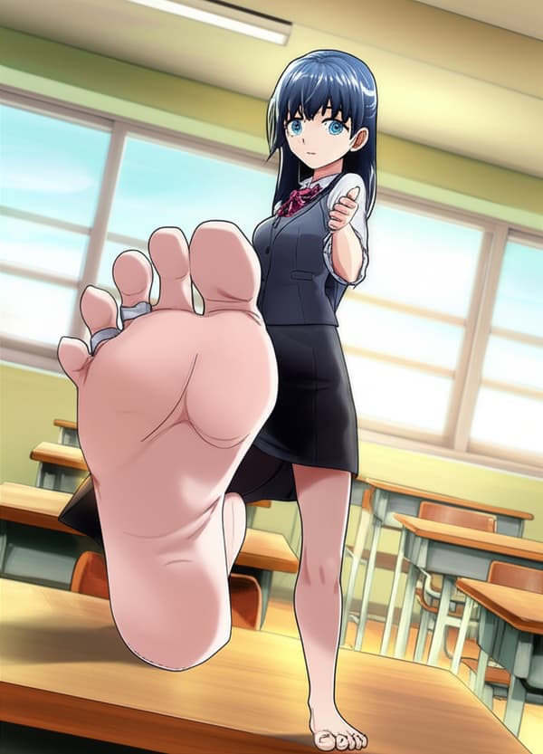 With your feet up on the desk, the soles slightly wrinkled, and a ring on either toe