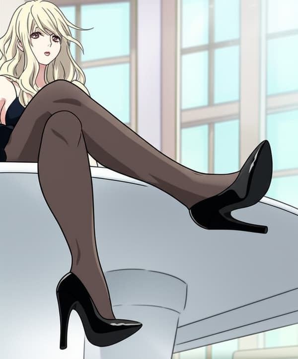 Black dress, dark mesh-tights, pointed toe high heel stilettos, crossed legs, sitting, shoes dangling above camera located underneath the table she is sitting at!