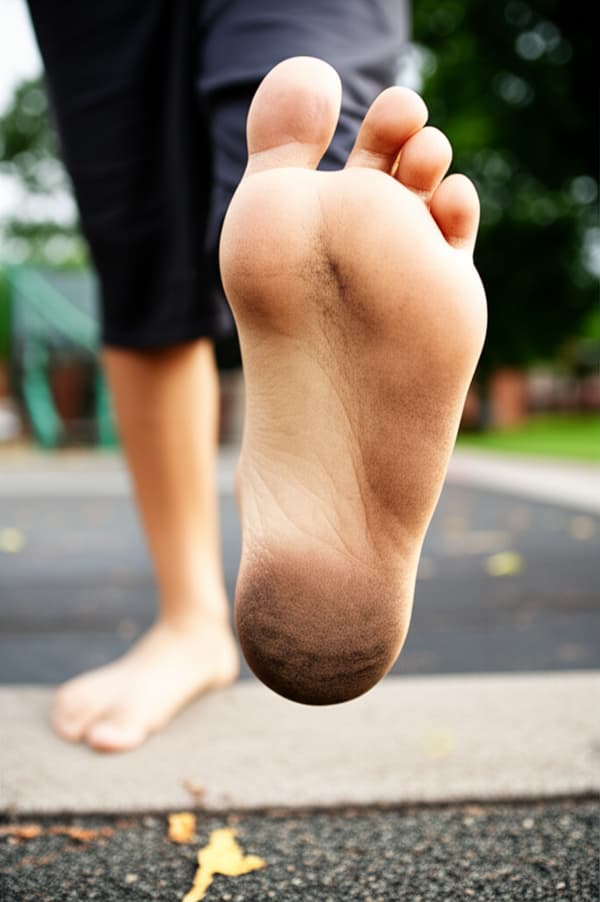 My younger cousin got his feet filthy walking on sidewalks and streets. The soles are black and brown with a dusting of dirt on the arch. The sole is slightly rough from the sidewalk.