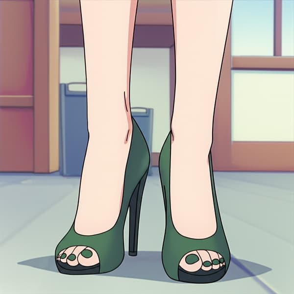 feet focus green toenails wearing green open toe heels
taken from the front with both feet flat on the ground