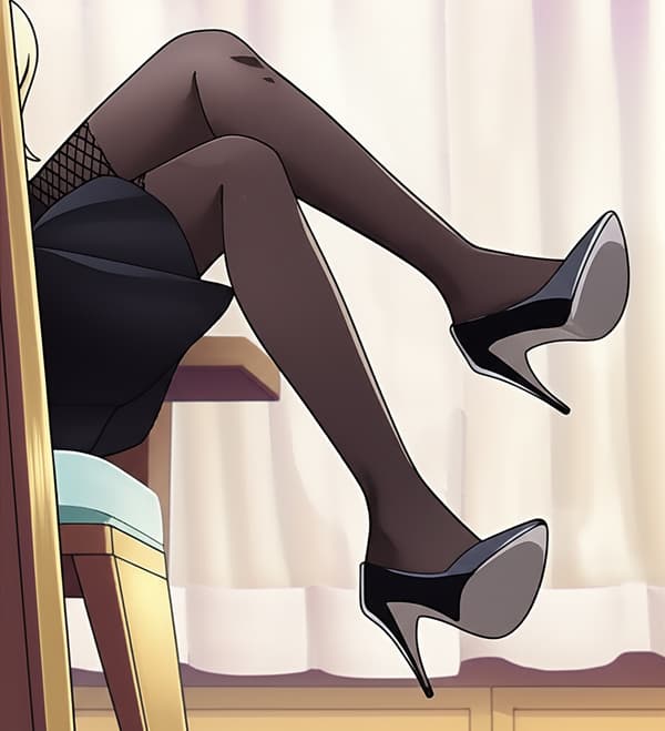 Black dress, dark mesh-tights, pointed toe high heel stilettos, crossed legs, sitting, legs under table!