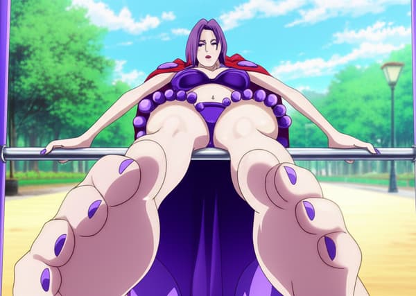 Purple haired woman, wearing a purple bikini top that is shaped like soles of feet, and a purple bikini bottom, that is shaped like soles of feet. Toenails painted purple. Long soles. She is sitting on a pull up bar. She has purple lipstick and purple eye shadowing. she is very tall, and wears a long purple cape that has an emblem of purple foot soles.