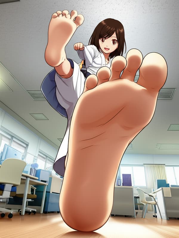 Michelangelo anime style youthful white karate gi woman dynamic kicking at the sunny karate gi massive huge big gigantic ultra detailed large ultra realistic ultra detailed bare feet kicking at you POV shot vivid colors very close-up of the feet feet are very, very incredibly wide large and slightly wrinkled and have deep arches really huge realistic feet happy expression short long brown hair long bangs hair brown eyes red lipstick