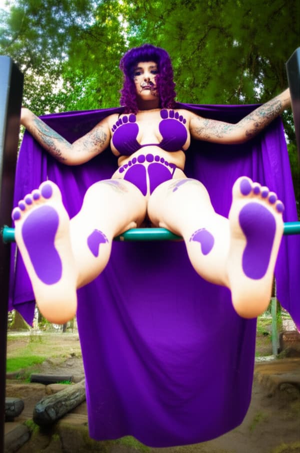 Purple haired woman, wearing a purple bikini top that is shaped like soles of feet, and a purple bikini bottom, that is shaped like soles of feet. Toenails painted purple. Long soles. She is sitting on a pull up bar. She has purple lipstick and purple eye shadowing. She has tattoos on her arms, hands, legs, and the top of her feet that consist of a purple foot sole. she is very tall, and wears a long purple cape that has an emblem of purple foot soles.