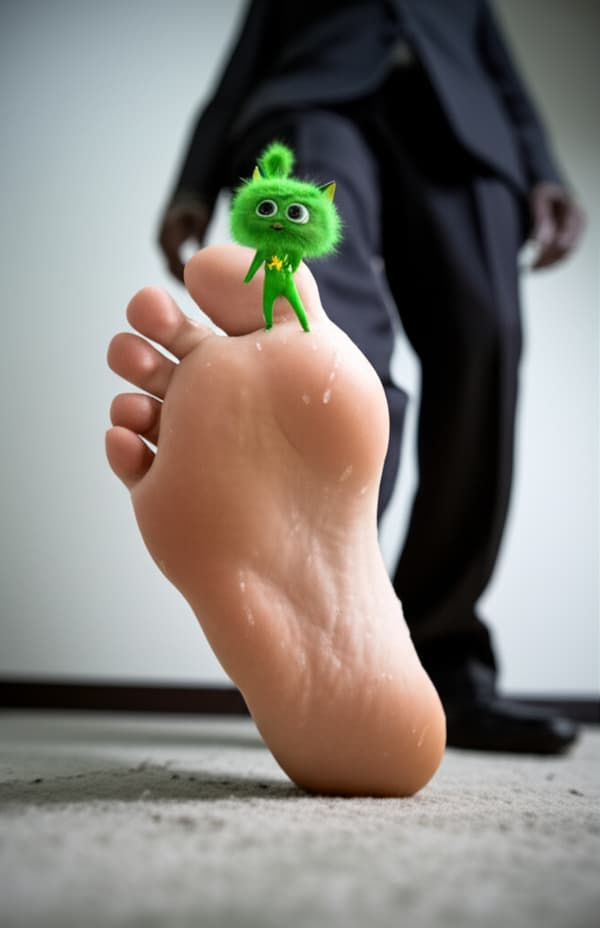 please generate an image of Gnarpy, a cute humanoid alien cat with green fur, antennae, and a gold-tipped tail, stomping toward the viewer in sweaty socks. Highlight his striped legs, yellow chest star, and fluffy head/neck fur while maintaining a dynamic POV perspective. a humanoid alien cat (Gnarpy) stomping in the camera (viewer's point of view) with his sweaty, wet socks