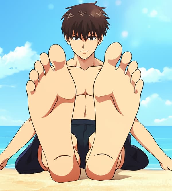 the person is sitting down on a towel at the beach with her soles up-close to the camera