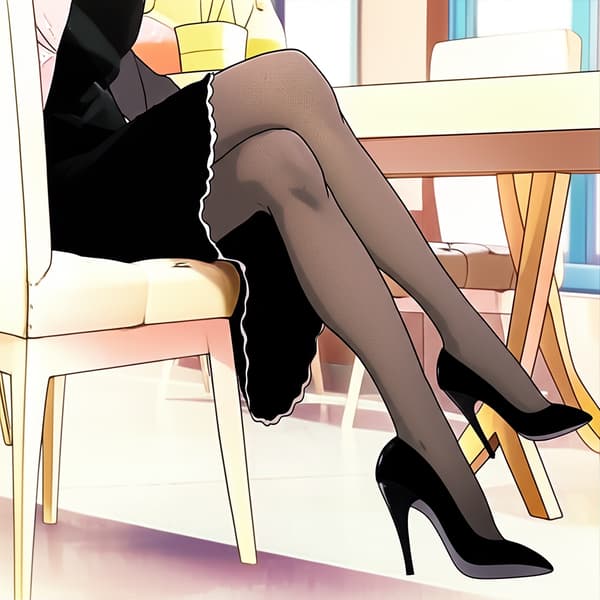 Black dress, dark mesh-tights, pointed toe high heel stilettos, crossed legs, sitting, legs under table!