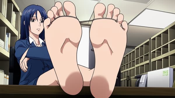 With her feet up on the desk, with her two big toes tied with a small rope, a ring on one of her toes 