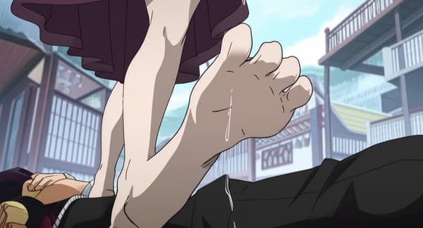the upper rank demon daki from demon slayer is making an innocent civilain worship her feet by licking it, she laughs and spits on him as he lies on the floor
