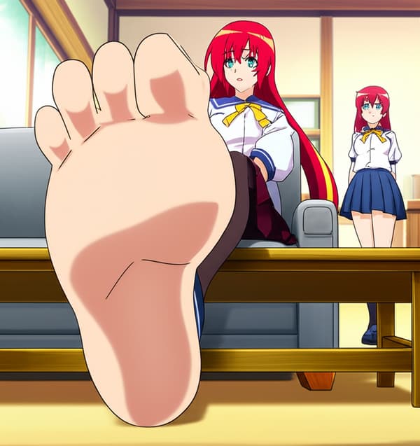 Rias Gremory sitting on a sofa with feet on coffee table. 