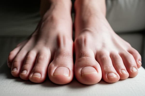 A close-up, realistic image of a pair of masculine, strong, and well-proportioned feet resting naturally on a neutral surface. The feet have a slightly wider shape with a defined arch, a dominant big toe, and shorter toes that gradually decrease in length. The skin is slightly textured with subtle natural details like faint veins, clean short square-shaped nails, and slightly thickened skin on the heels and the tips of the toes, suggesting strength and activity. The lighting is soft and neutral, highlighting the contours and making the overall appearance virile and realistic.
