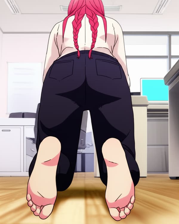 she has pinkish red hair with braids like makima from chainsaw man. SHE IS MAKIMA FROM CHAINSAW MAN