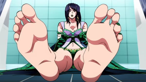 Jolyne Cujoh from jojos bizarre adventure stone ocean. she has green lipstick and nail polish.