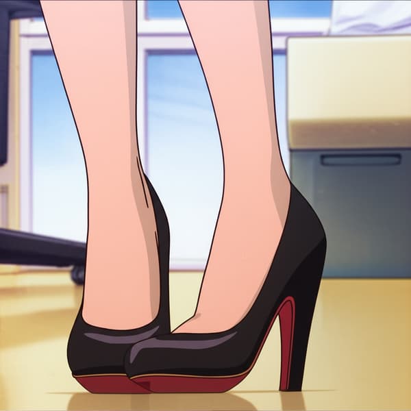 woman in high heels with large red toenails