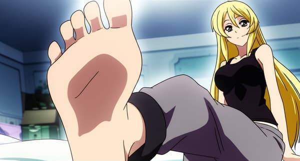 Luxanna Crownguard, feet from below, feet tease, black socks, smirk, gray sweatpants, black tank top
