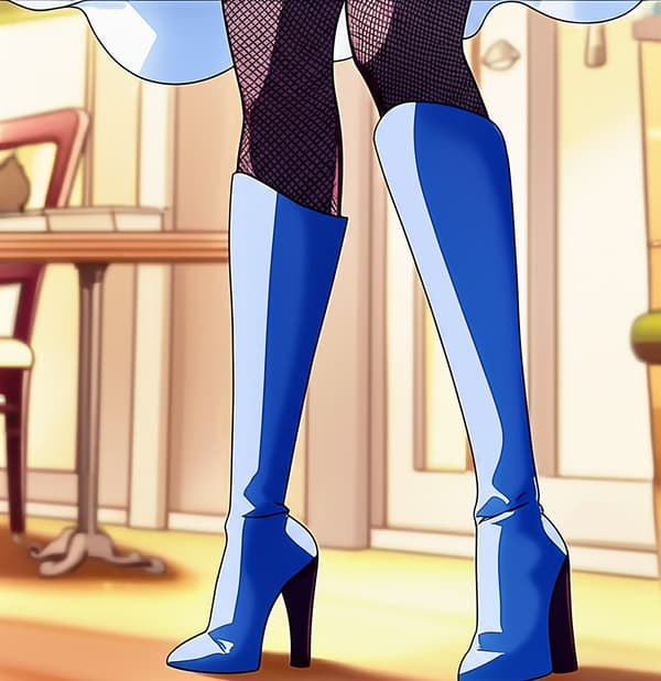 She is wearing a baby blue dress, dark mesh-tights, and baby blue knee high heel boots!
