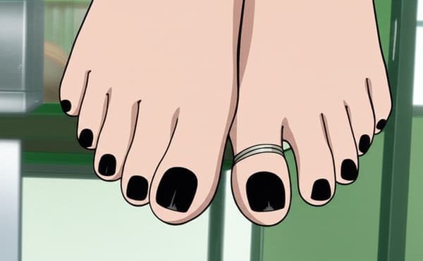 Open heels, black toenails and a ring on one of the toes 