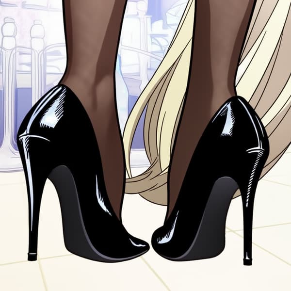 Black dress, dark mesh-tights, black pointed toe high heel stilettos!