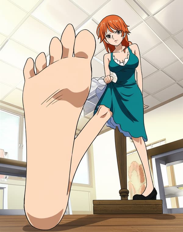 Nami from one piece being tickle tortured in foot stocks. Side view