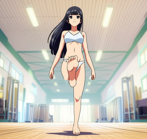 Empty gym, mean face, long hair, detailed feet, wrinkled feet.