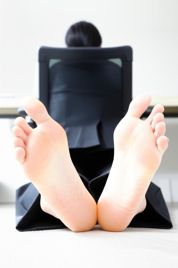 Young japanese female business woman kneeling on her chair and showing her bare feet while spreading her long toes.