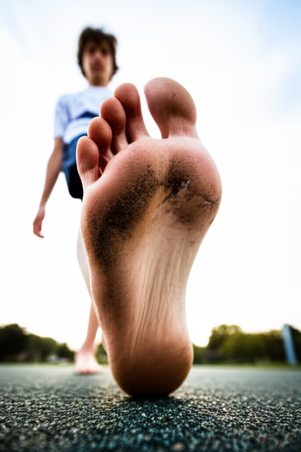 My younger cousin got his feet filthy walking on sidewalks and streets. The soles are black and brown with a dusting of dirt on the arch. The sole is slightly rough from the sidewalk.