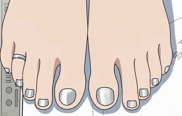 Silver nails and a silver ring on the middle toe 