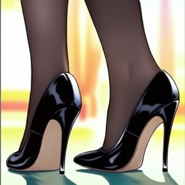 Black dress, dark mesh-tights, black pointed toe high heel stilettos, night club