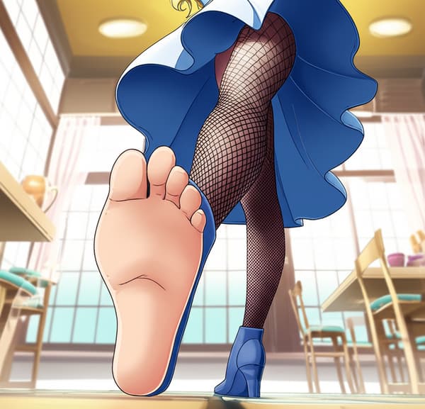 She is wearing a baby blue dress, dark mesh-tights, and baby blue knee high heel boots!